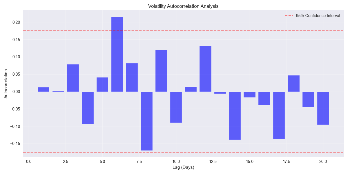 Autocorrelation analysis of daily volatility showing the strength of volatility clustering effects over different time periods.