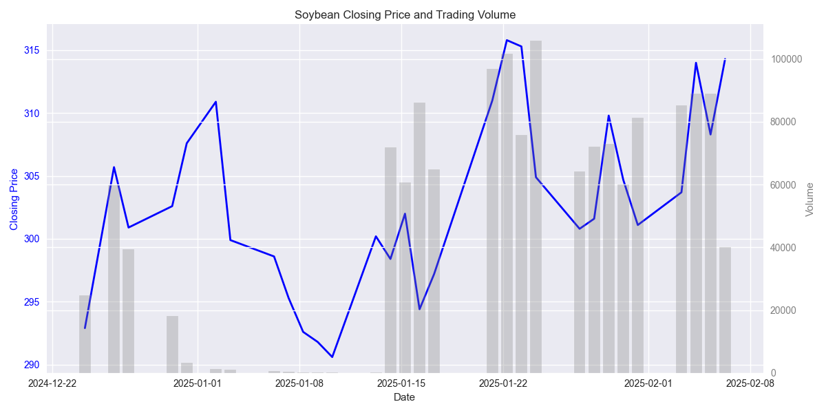 Dual-axis chart showing the relationship between daily closing prices and trading volume.