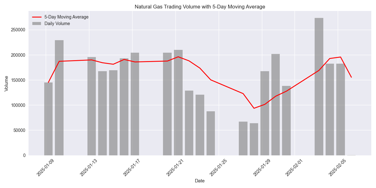 Daily trading volumes for Natural Gas with 5-day moving average showing volume trends and market participation