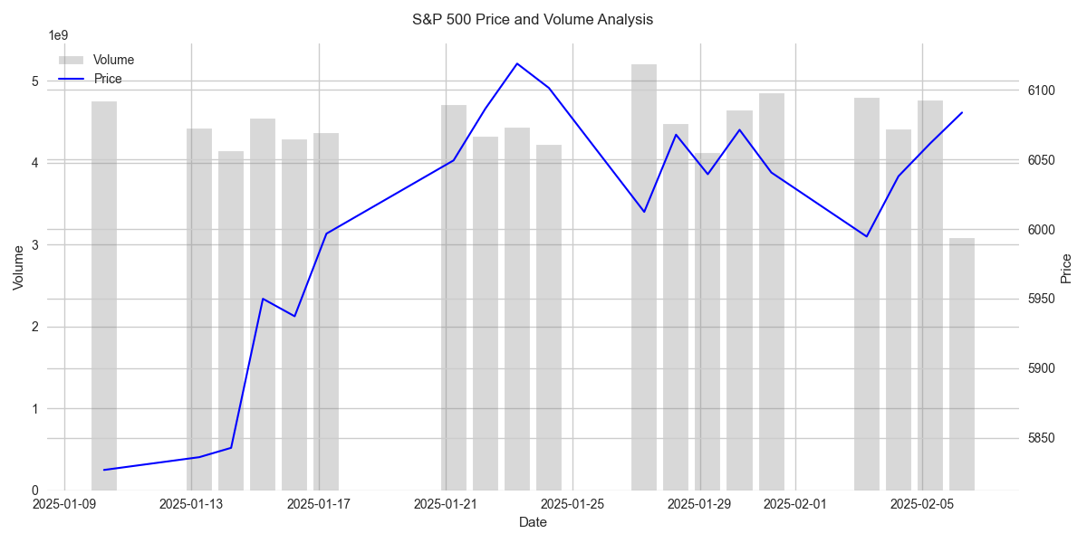 S&P 500 price movement with volume analysis showing the relationship between price changes and trading volume.