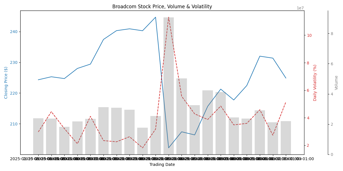 Broadcom's stock price movement with daily volatility and trading volume over the past month